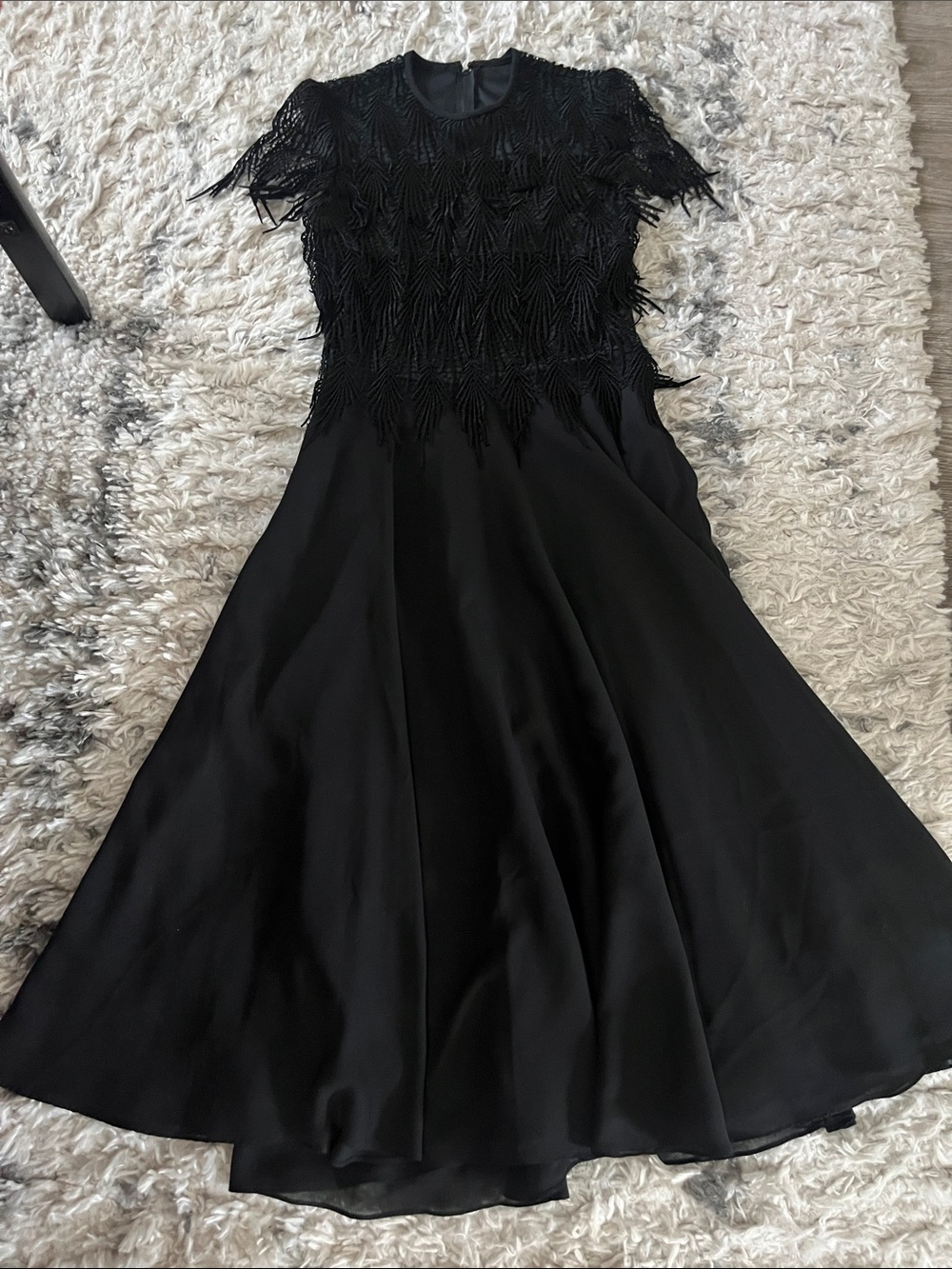 Night Way Collections Black Midi Dress with Fringe Bodice vintage 80s